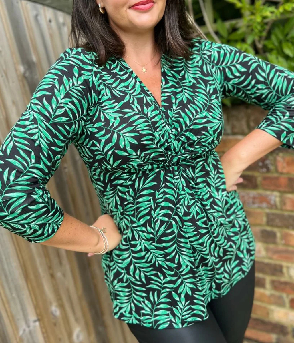 Green Leaf Print Twist Front Tunic Top