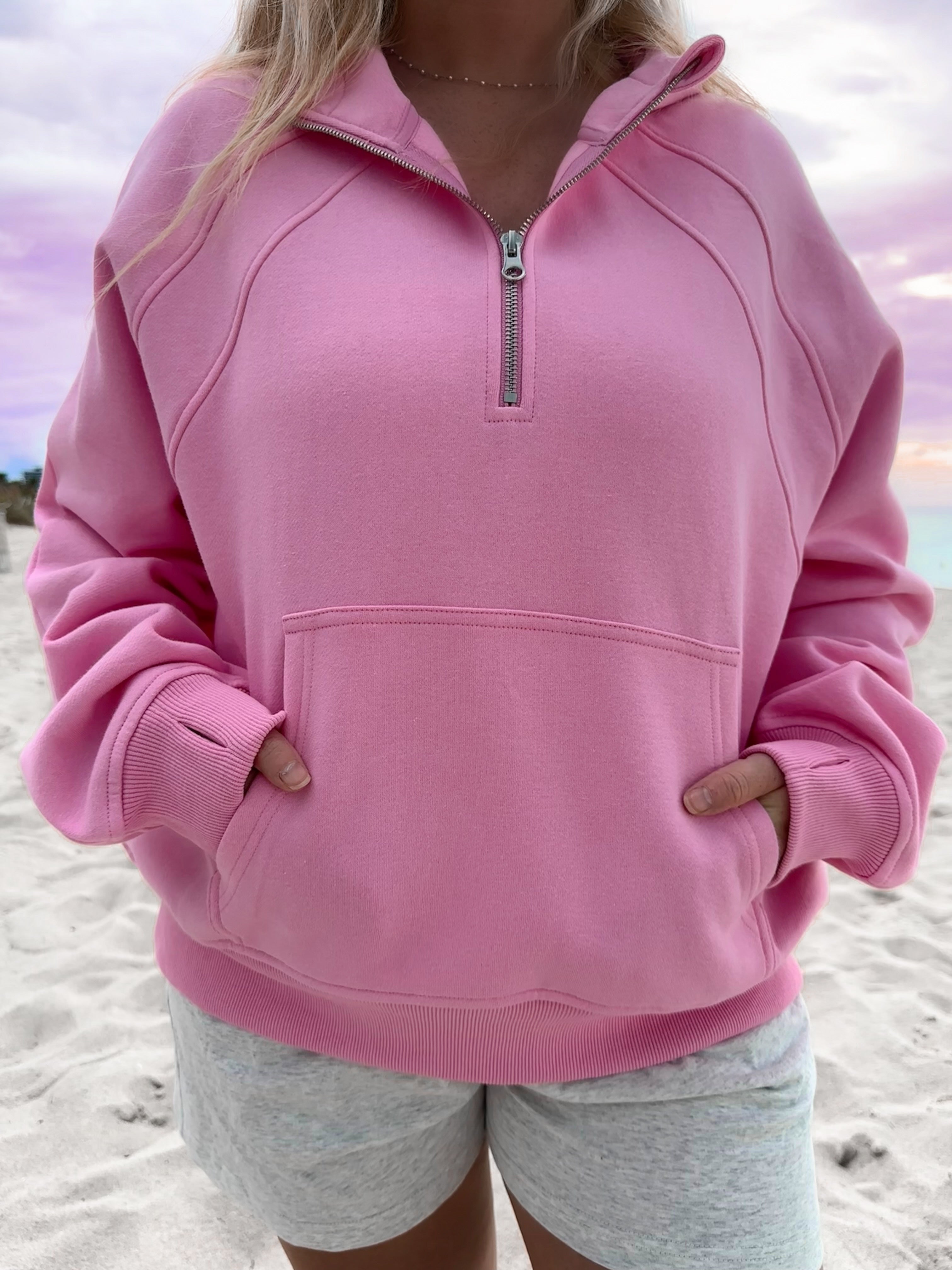 Sweet Pea Pink Pilates Detailed Waist Length Quarter Zip Hoodie