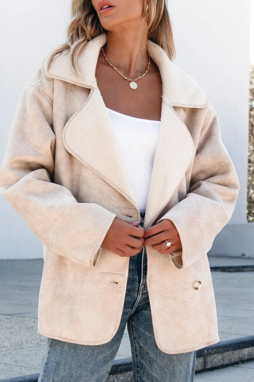 Faux Suede Sherpa Jacket - Beige