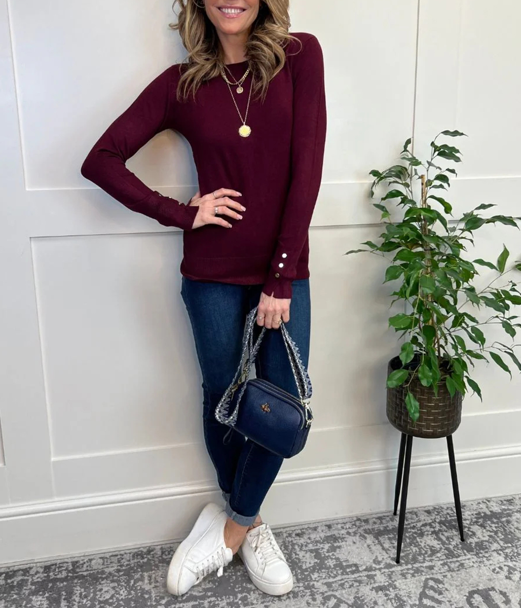 Burgundy Fine Knit Button Cuff Jumper