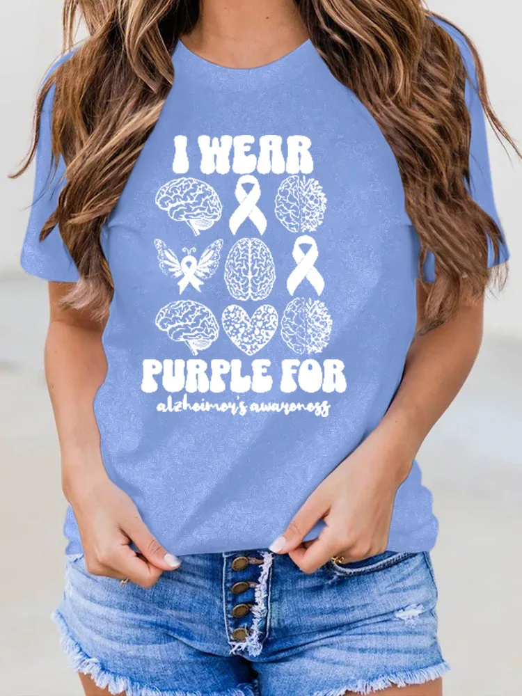 Women'S I Wear Purple For Alzheimer'S Awareness Round-Neck T-Shirt