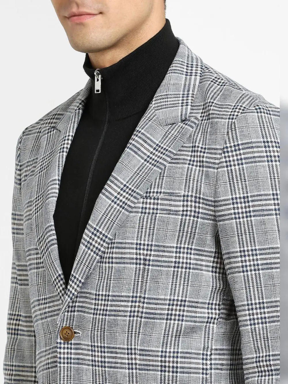 Dark Blue Check Print Linen Blazer