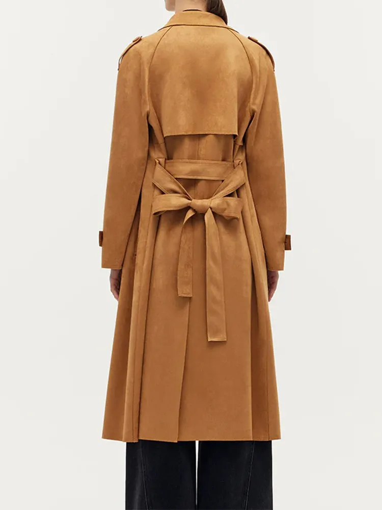 Faux Suede Women Trench Coat With Belt