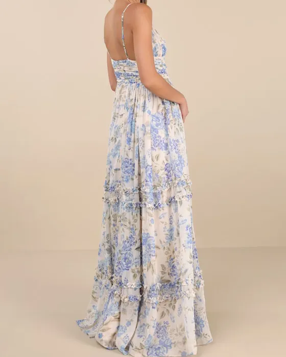 Niora Beige and Blue Floral Pleated Maxi Dress