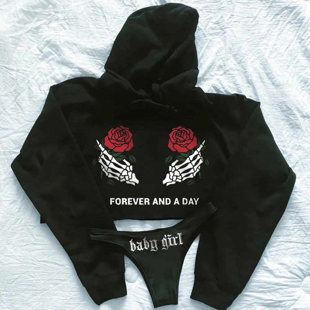 Forever And A Day Printed Women's Cropped Hoodie & Thong Sets