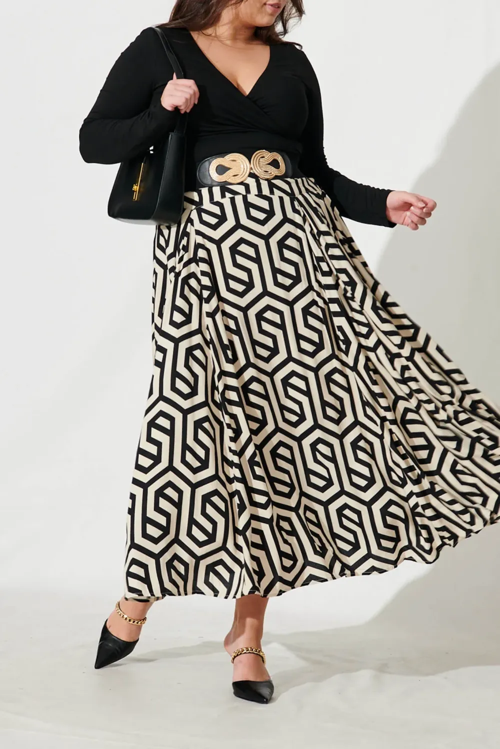 Black Geometric Print Maxi Skirt