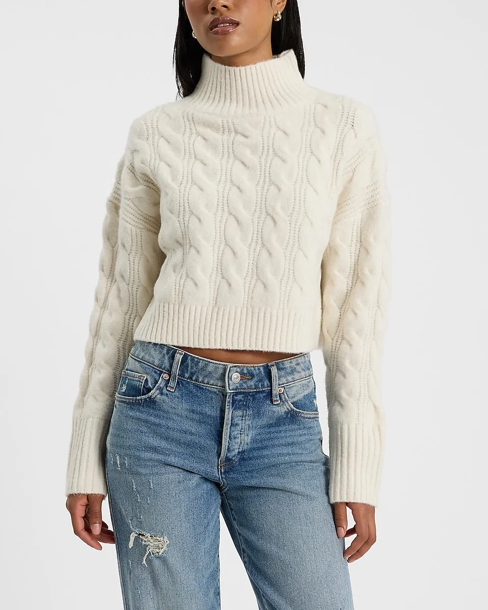 Cable Knit Mock Neck Cropped Sweater