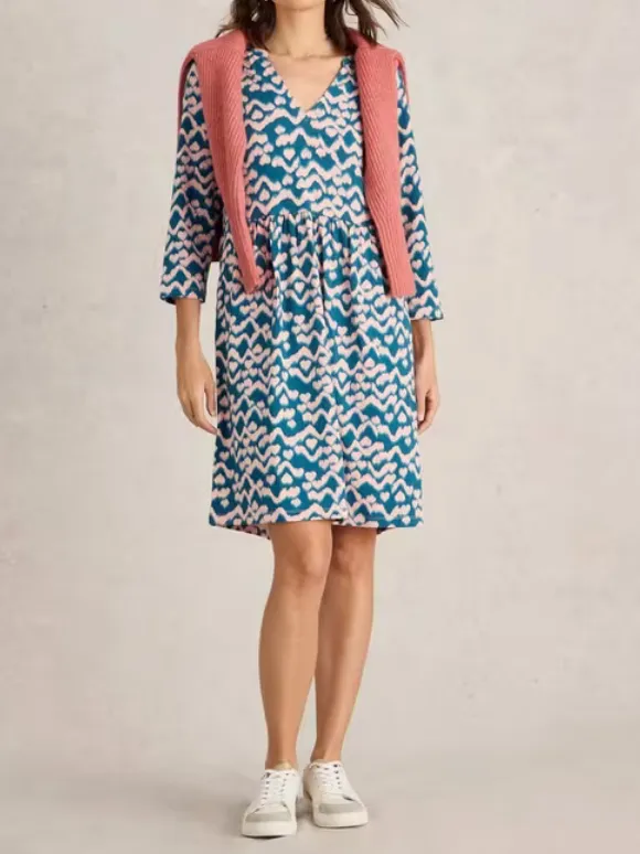 Thea Jersey Knee Length Dress In Teal Print