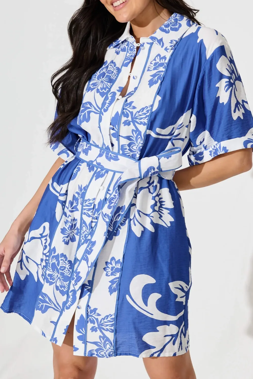 Blue Patterned Belted Shirt Dress