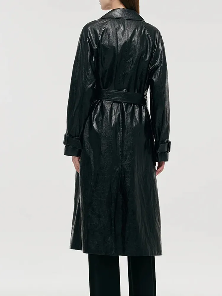 PU Leather Women Long Trench Coat