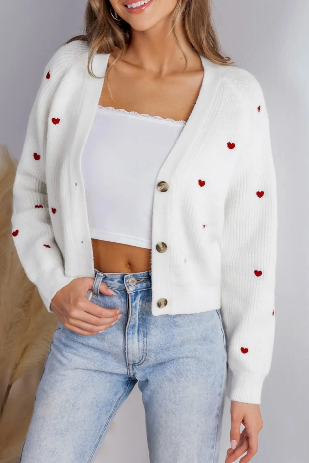 Heart Print Long Sleeve V-Neck Cardigan