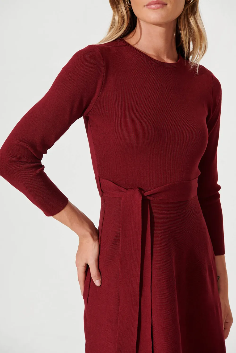 Burgundy Belted Knitted Dress