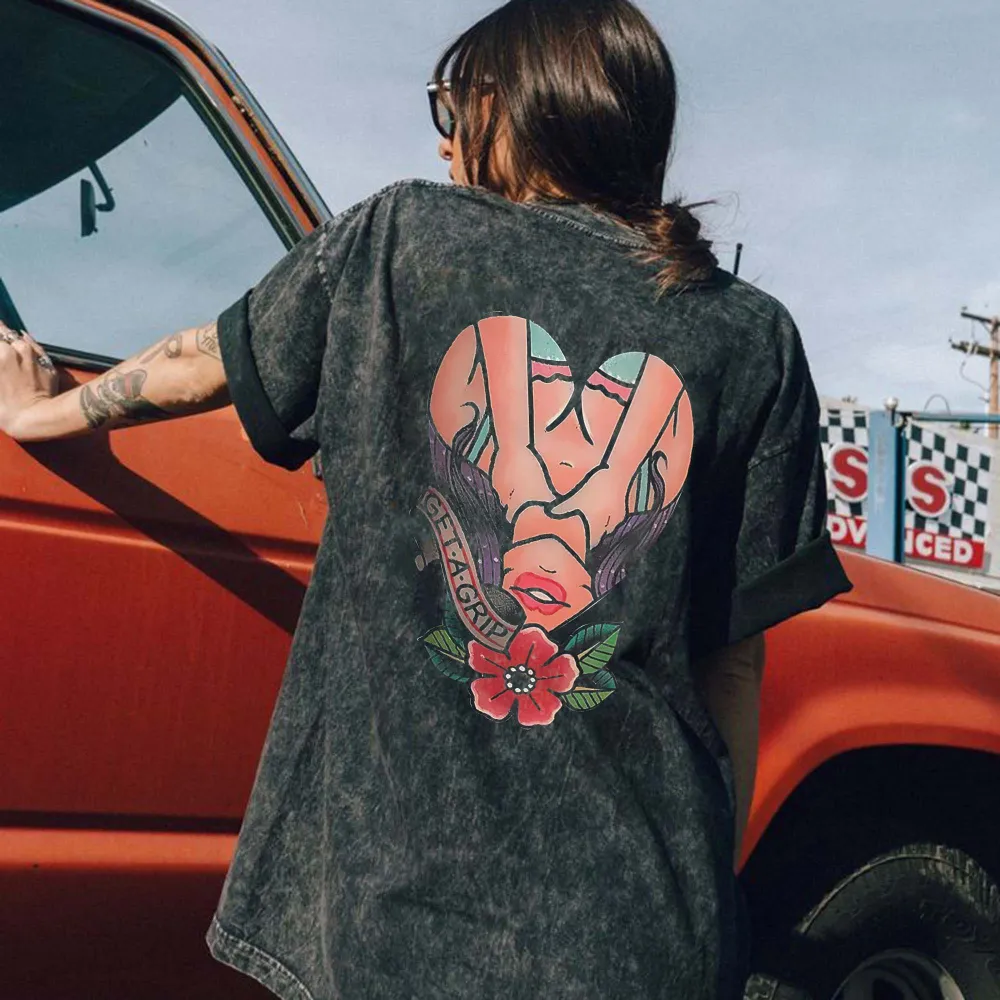 Get A Grip Printed Oversize Washed T-Shirt