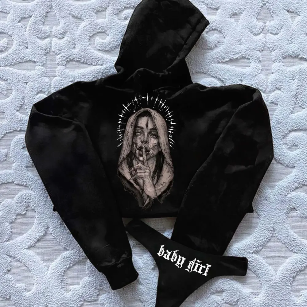 Unholy Nun Printed Women's Cropped Hoodie & Thong Sets