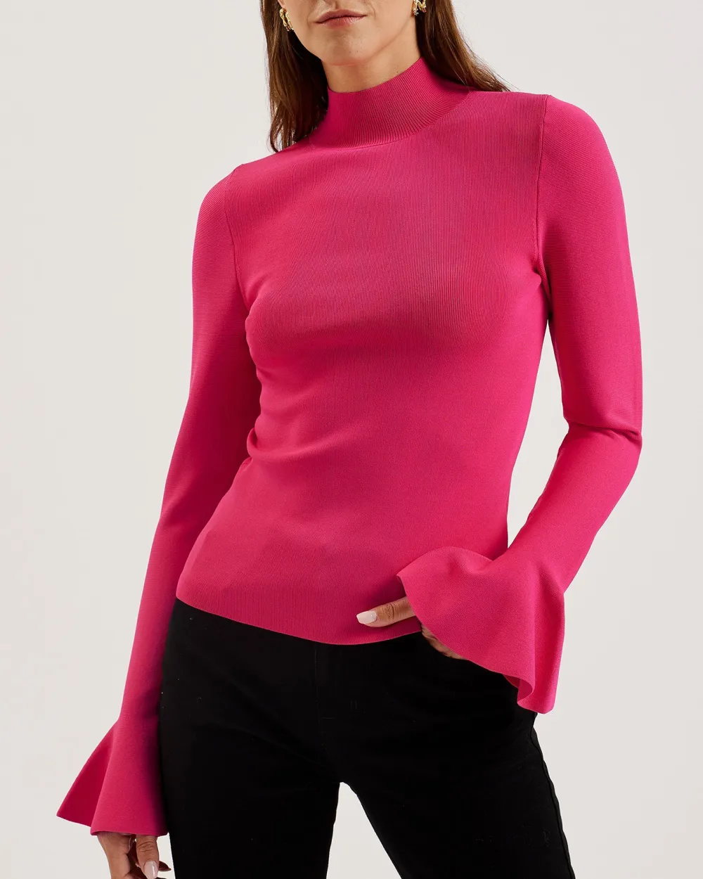 Laynha High Neck Knitted Frill Sleeve Top Fuchsia