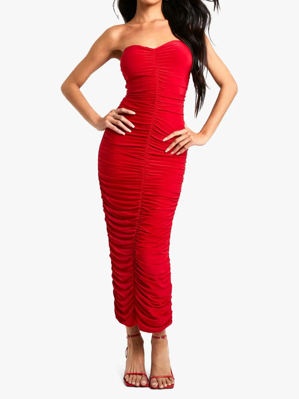 SLINKY RUCHED DETAIL BANDEAU MIDI DRESS