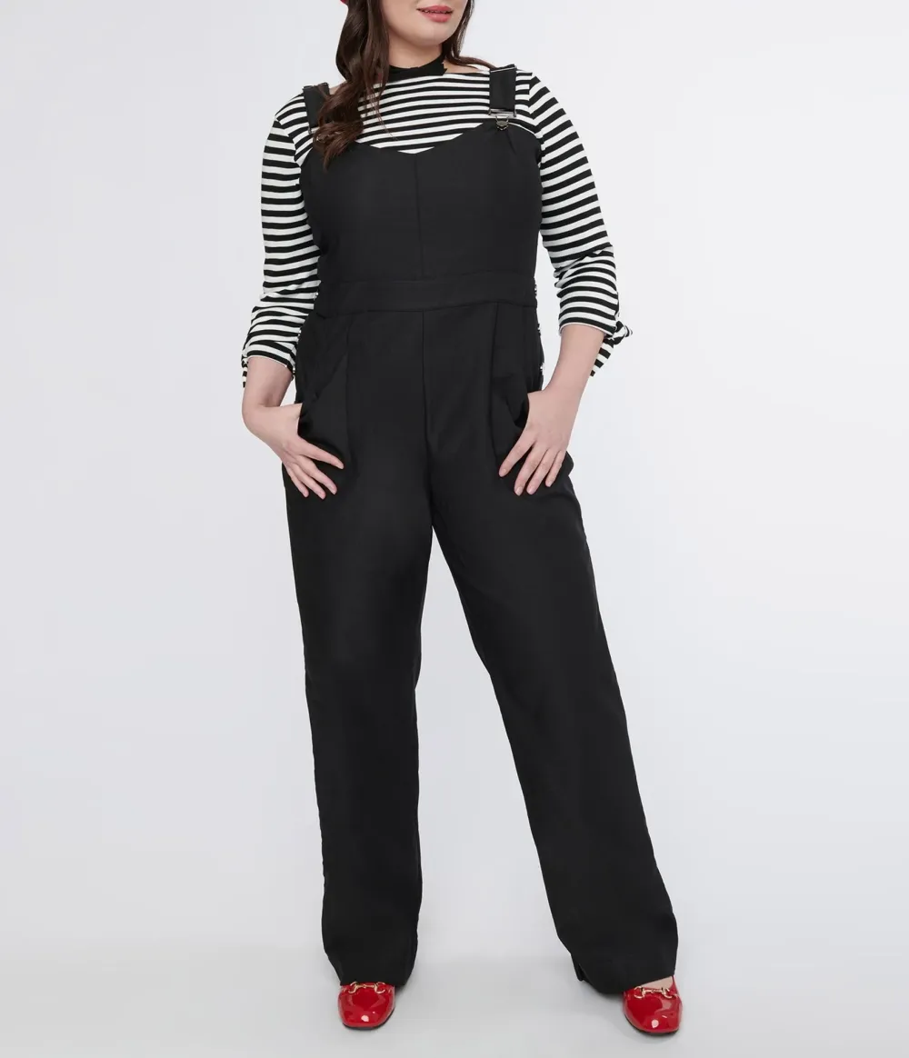 Unique Vintage Plus Size 1950s Black Wide Leg Overalls