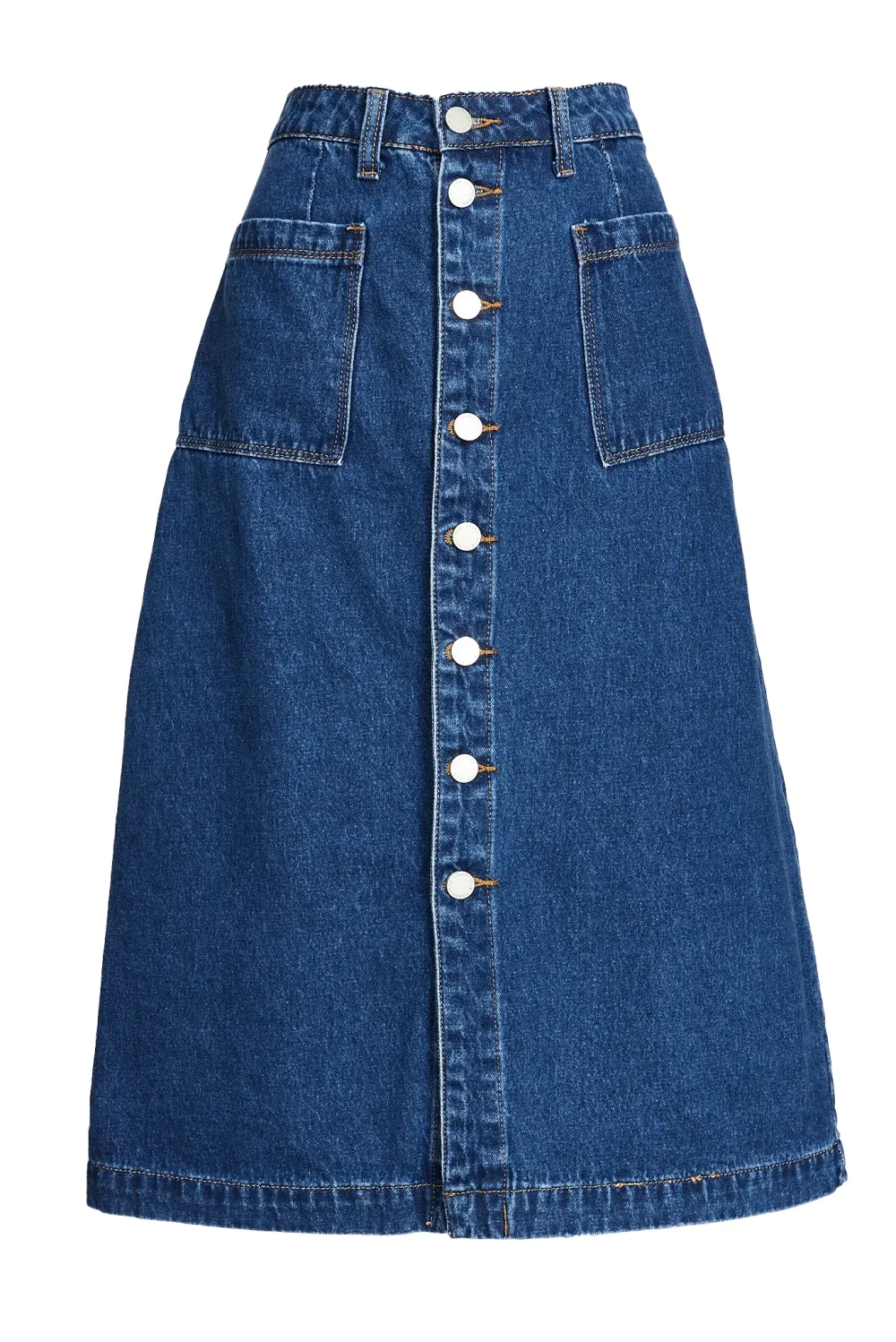 Blue Denim Button Front Midi Skirt