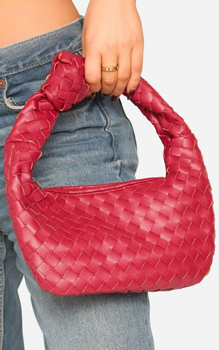 Aitana Woven Knotted Detail Grab Bag In Burgundy Faux Leather