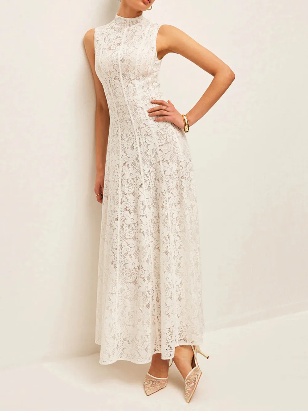 Lace Mock Neck Sleeveless Dress