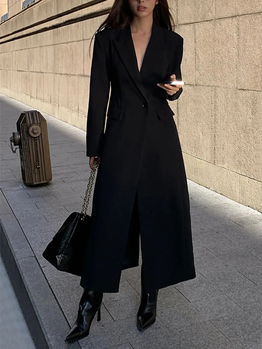 Plain Button Up Lapel Long Blazer