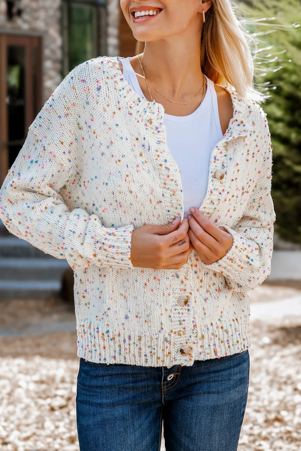 Confetti Knit Front Button Long Sleeve Cardigan