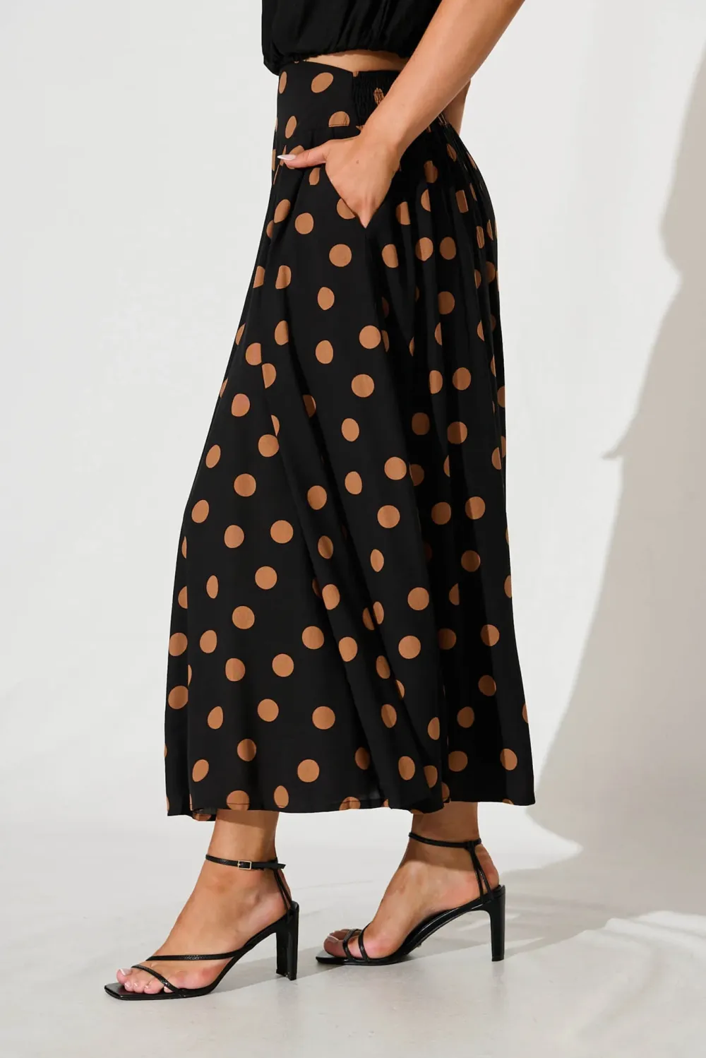 Black Polka Dot Flowy Midi Skirt