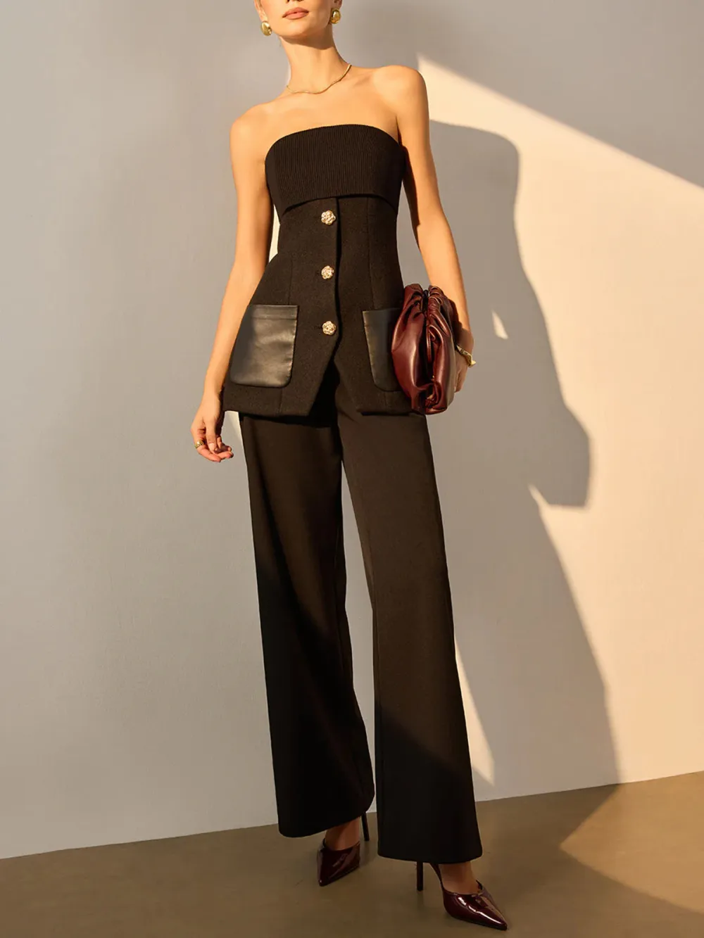 Slit Detail Metal Button Tube Top With Pockets