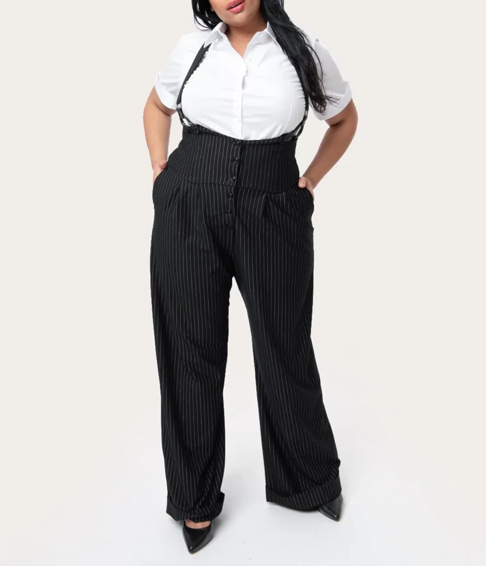 Unique Vintage Plus Size 1930s Black & White Pin Stripe Thelma Suspender Pants