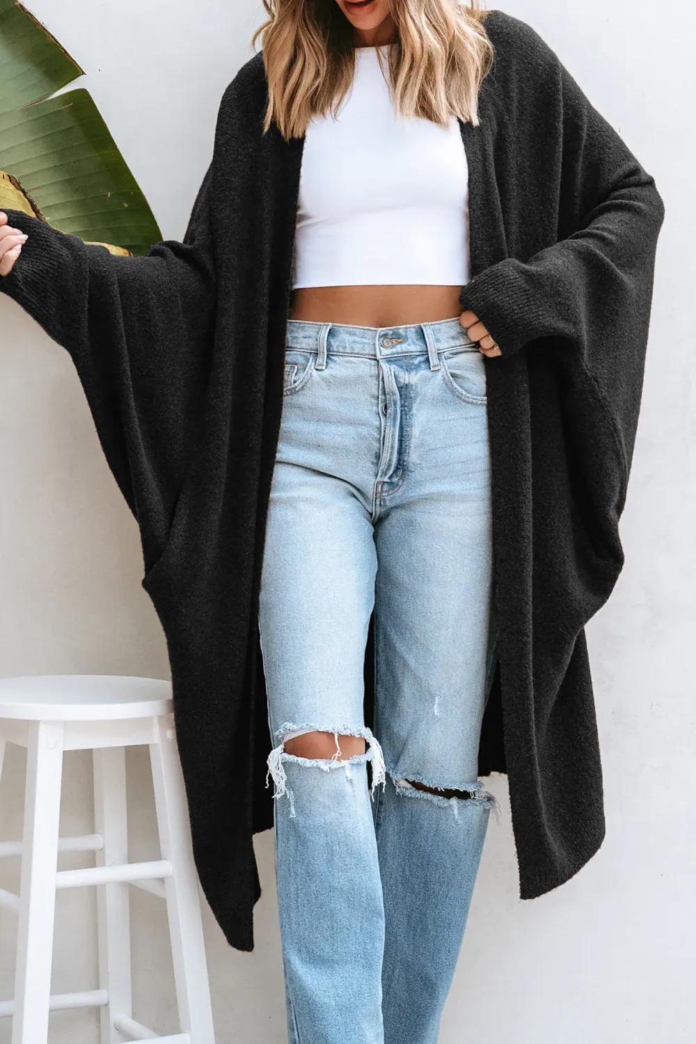 Black Open Front Dolman Sleeve Duster Cardigan