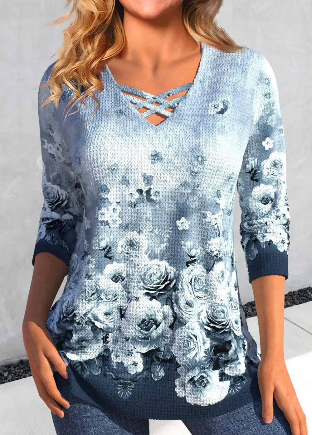 Peacock Blue Criss Cross Floral Print T Shirt