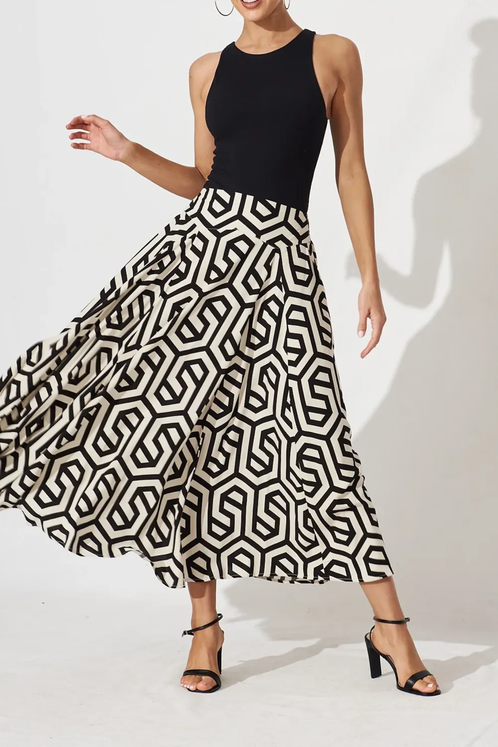Black Geometric Print Maxi Skirt