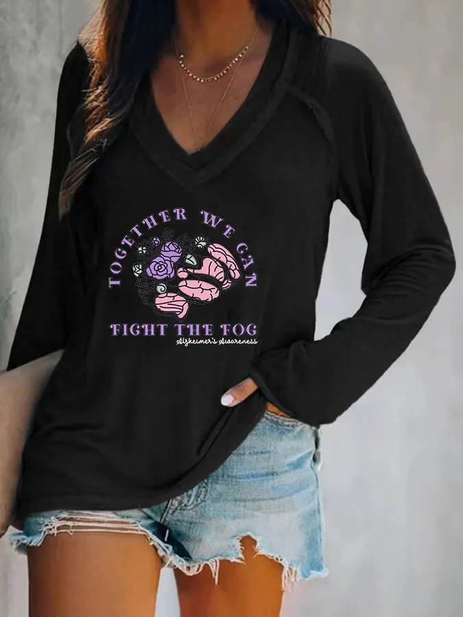 Women'S Together We Gan Fight The Fog Alzheimer'S Awareness V-Neck T-Shirt