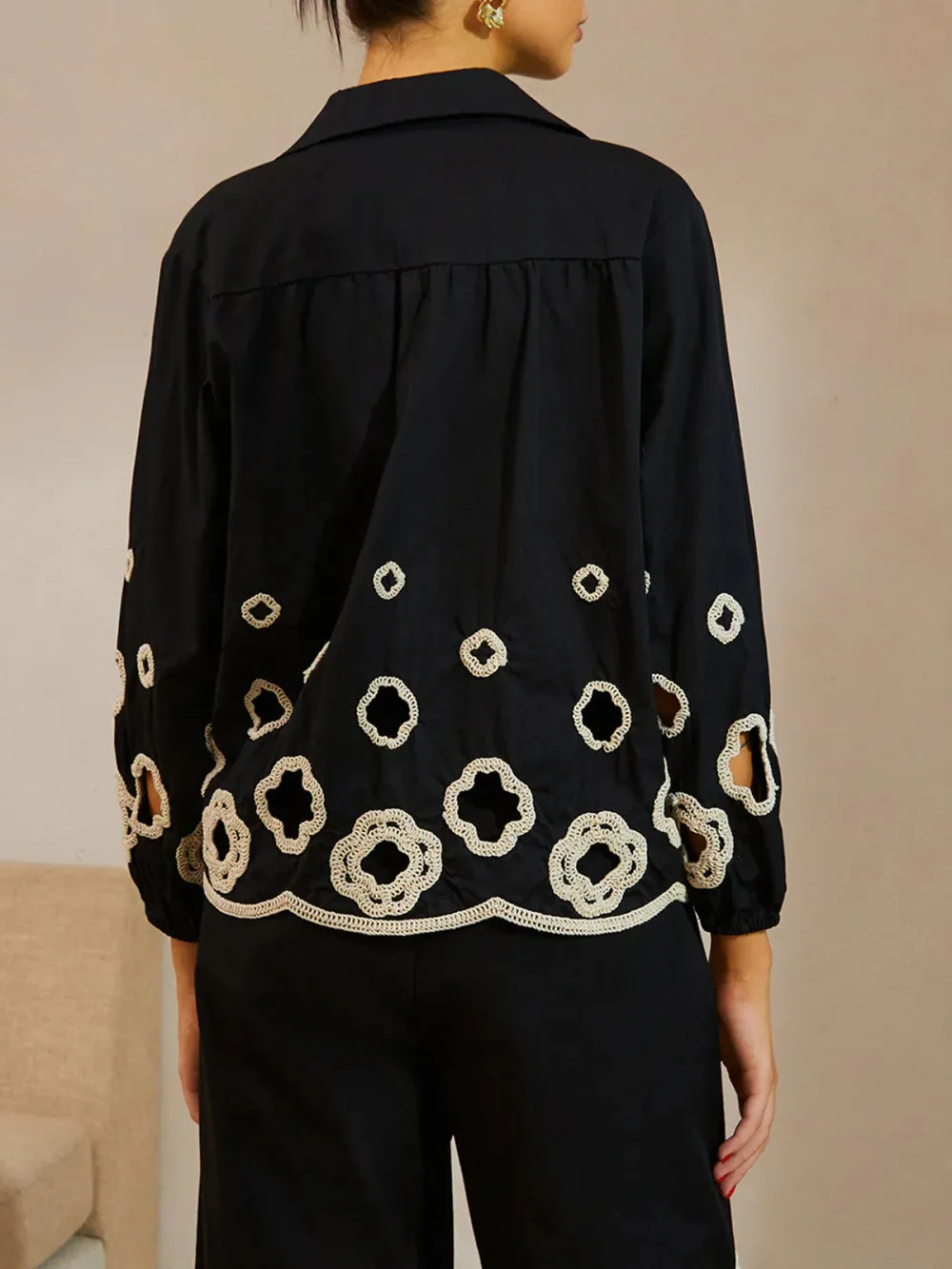 Hollow Embroidered Button Front Blouse