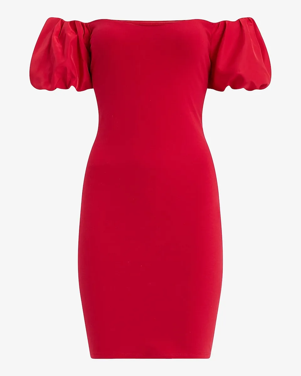 Off The Shoulder Puff Sleeve Sheath Mini Dress