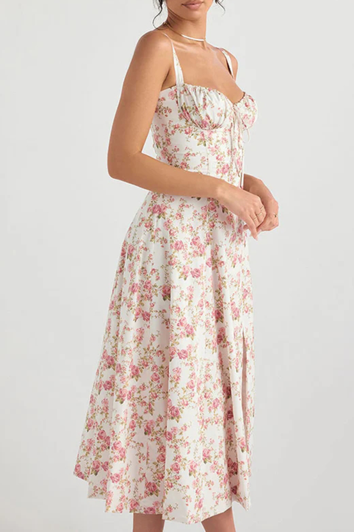 Fresh Bustier Tie Front Slit Floral Printed Midi Sundress - Pink