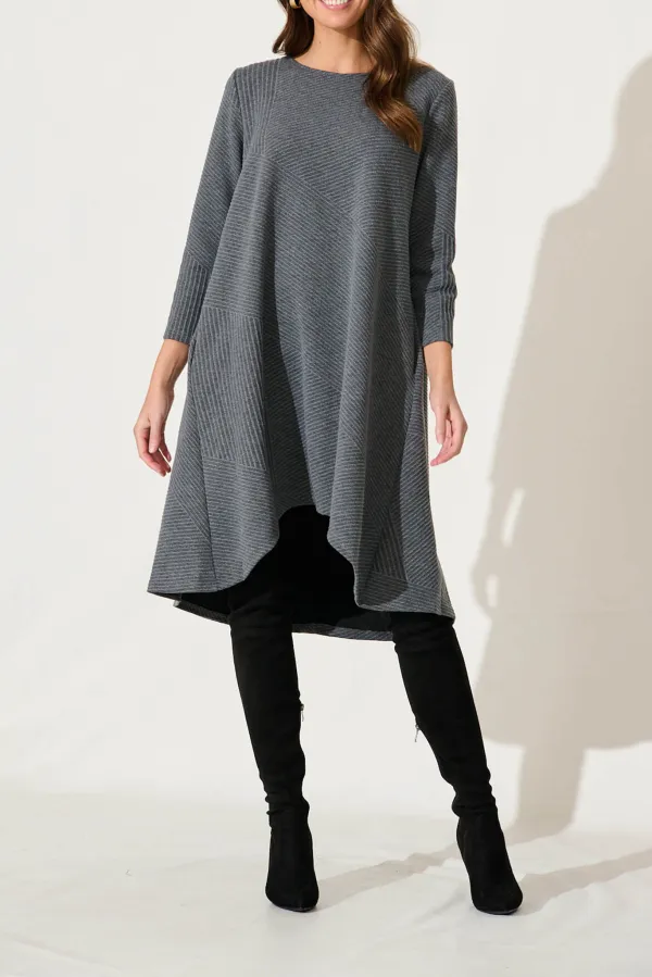 Gray Asymmetric Belted Knit Dress