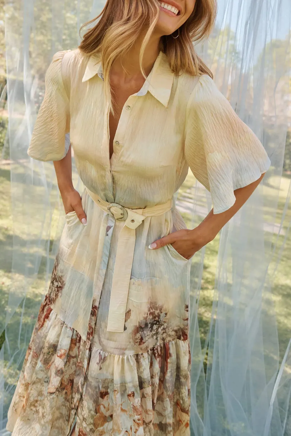 Beige Printed Tiered Shirt Midi Dress