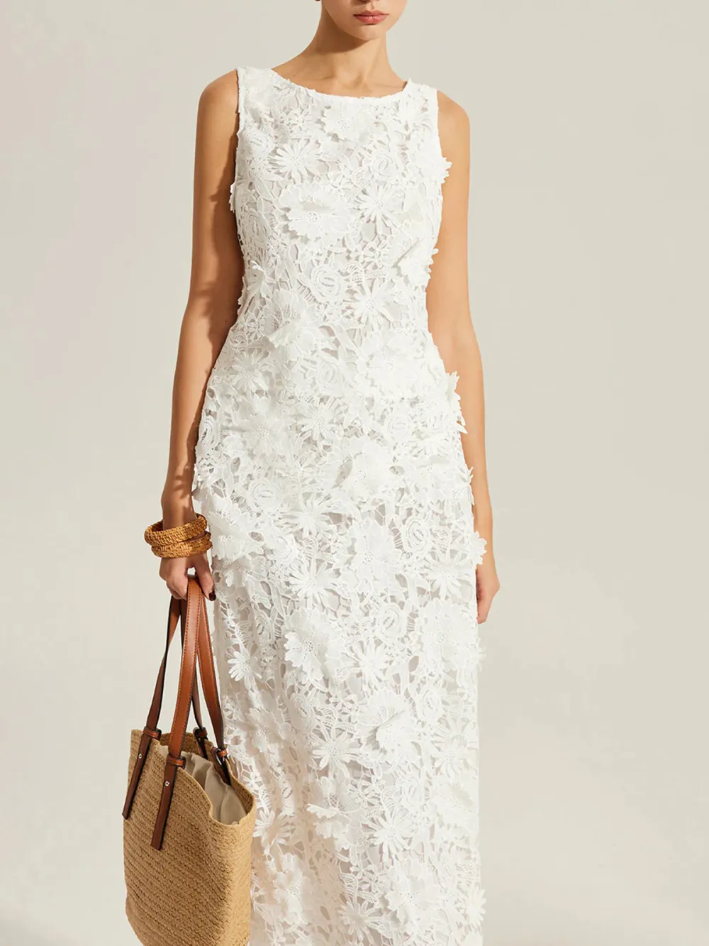 Lace Embroidered Crew Neck Dress