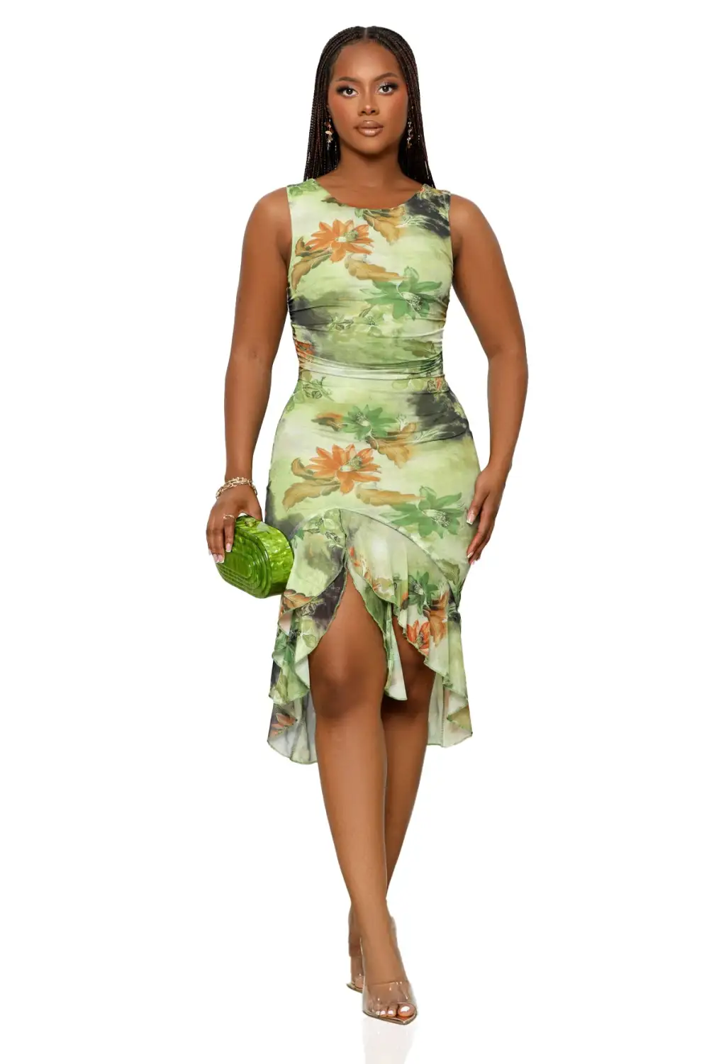 Forest Flowers High Slit Dress (Green Multi)-FINAL SALE