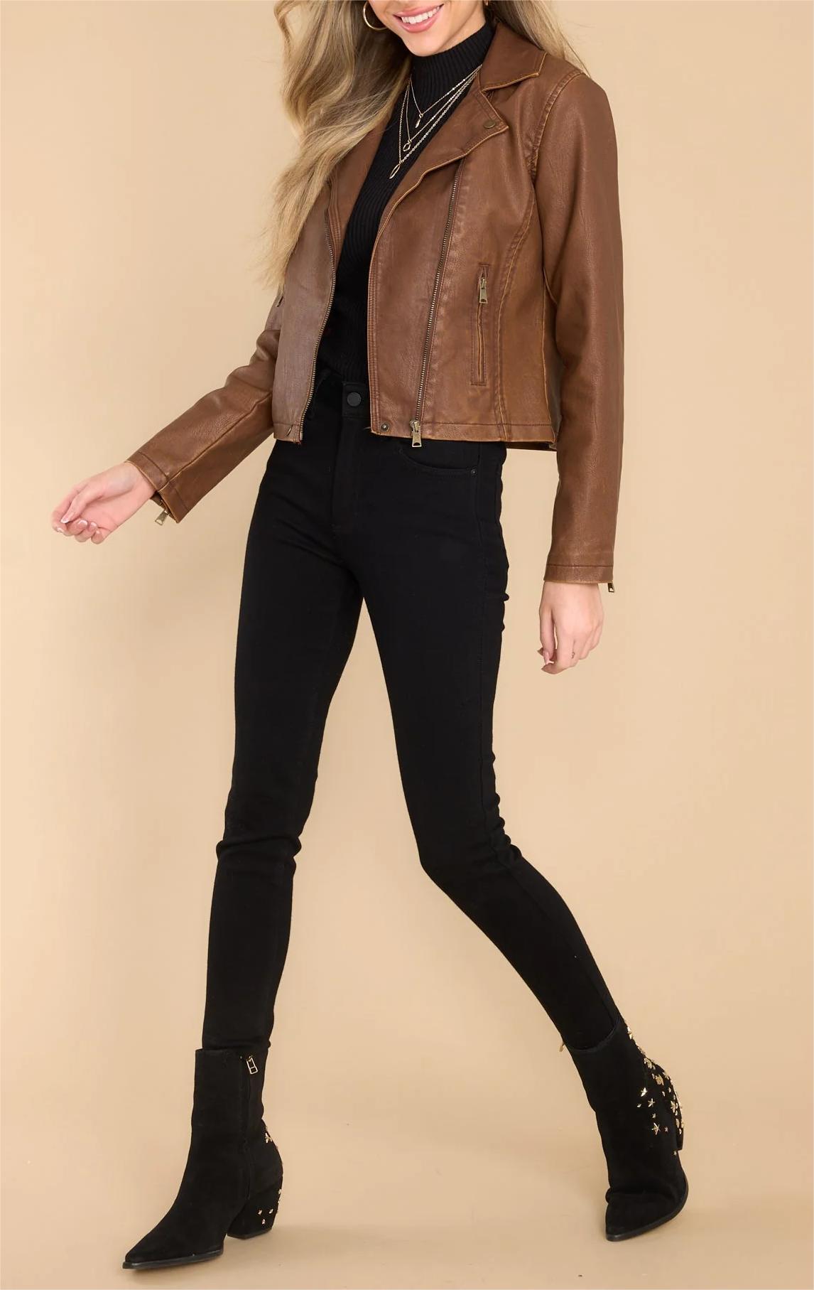 LETS RIDE BROWN FAUX LEATHER MOTO JACKET