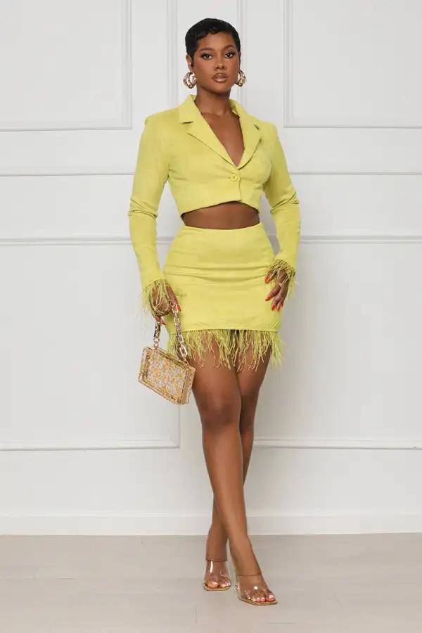High Maintenance Feather Hem Skirt Set (Lime Green)