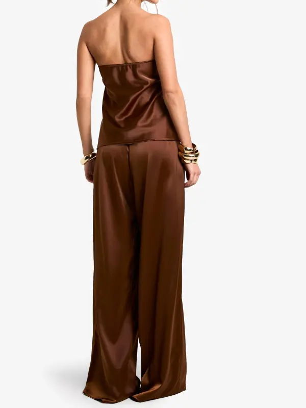 CHOCOLATE BANDEAU & DRAWSTRING WAIST WIDE LEG TROUSER SET