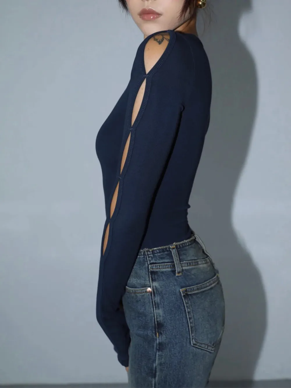 Hollow Crew Neck Long Sleeve Bodysuit