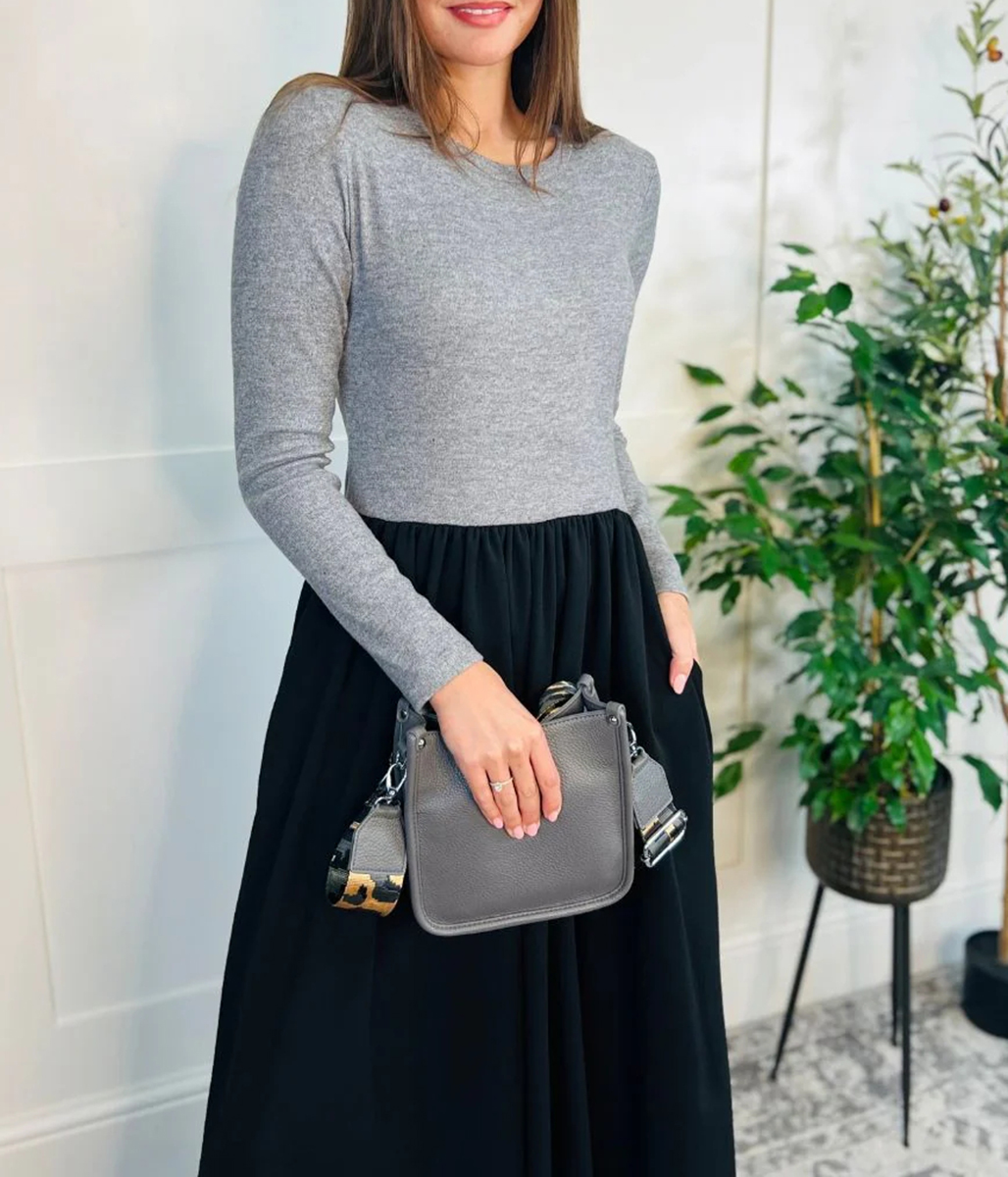 Grey Knitted Bodice Midi Dress