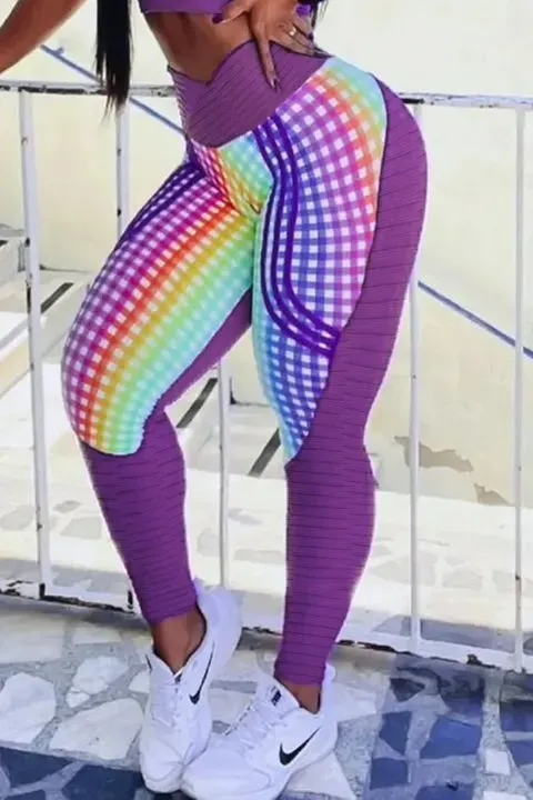 Ombre Geo & Plaid Print Wrap Textured Sports Leggings