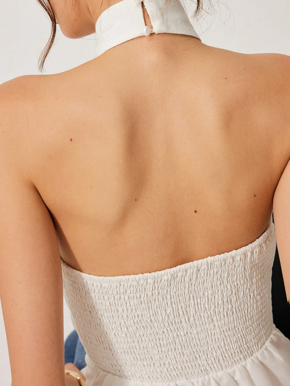 Smocking Detail Backless Cross-Back Halter Top