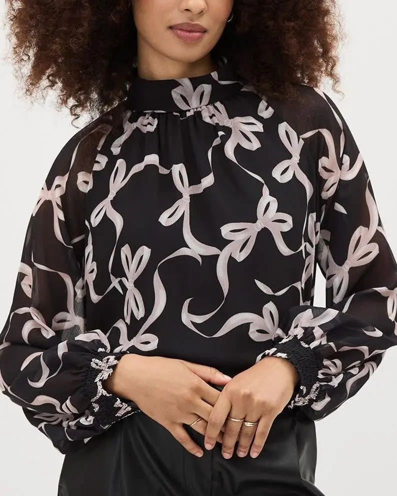 Long-Sleeve Mock-Neck Chiffon Blouse