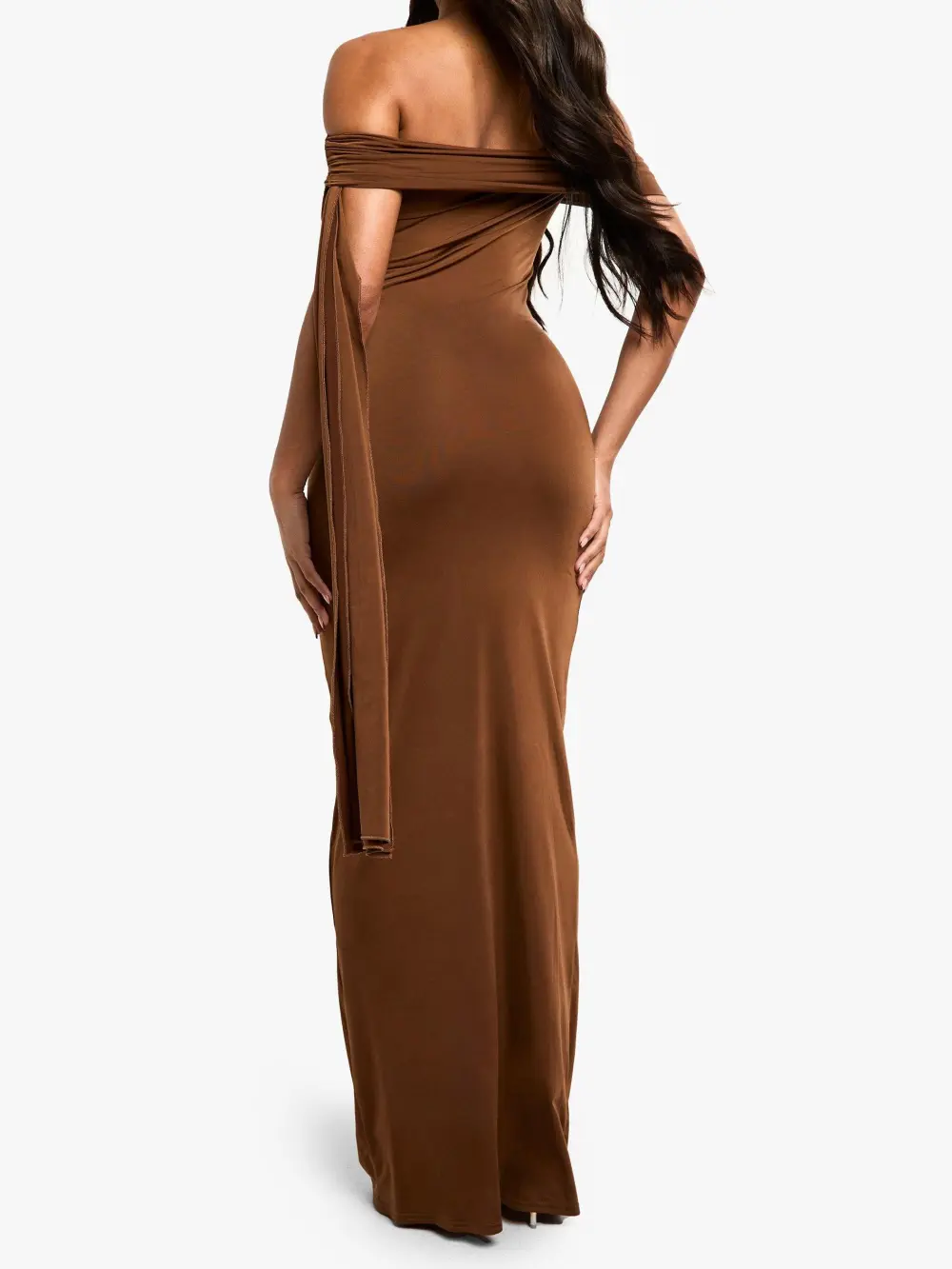 TWIST DETAIL OFF SHOULDER DRAPE MAXI DRESS