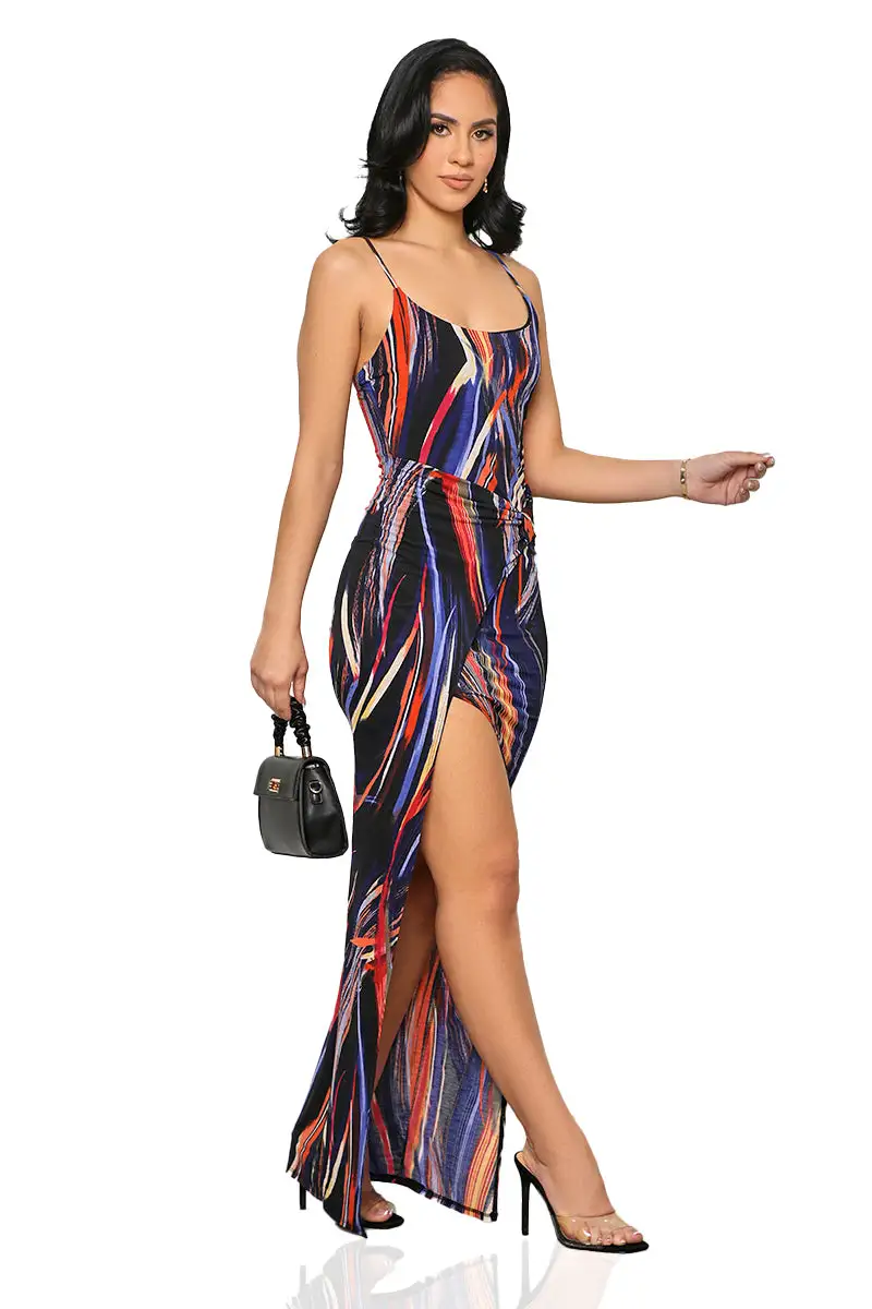Midnight Vibe High Slit Dress (Black Multi)-FINAL SALE